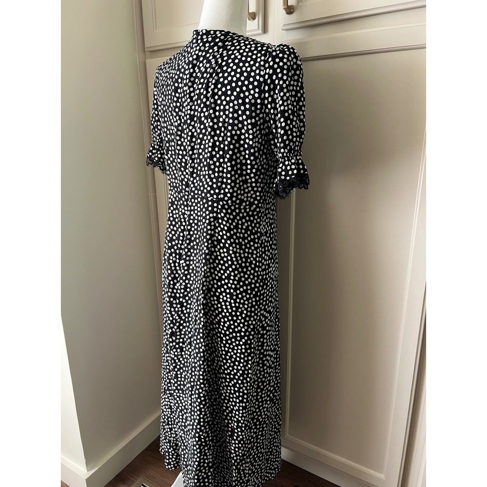 Talbots Polka Dot Lace Trim Midi Dress Black White V-Neck Short Sleeve NWT Sz 2 - Picture 3 of 15